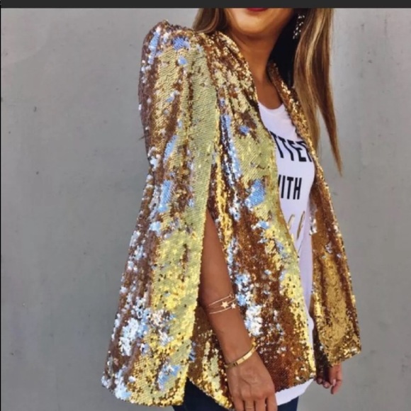 tiff & jen Jackets & Blazers - Tiff & Jen cape gold sequins jacket lined Size M L
